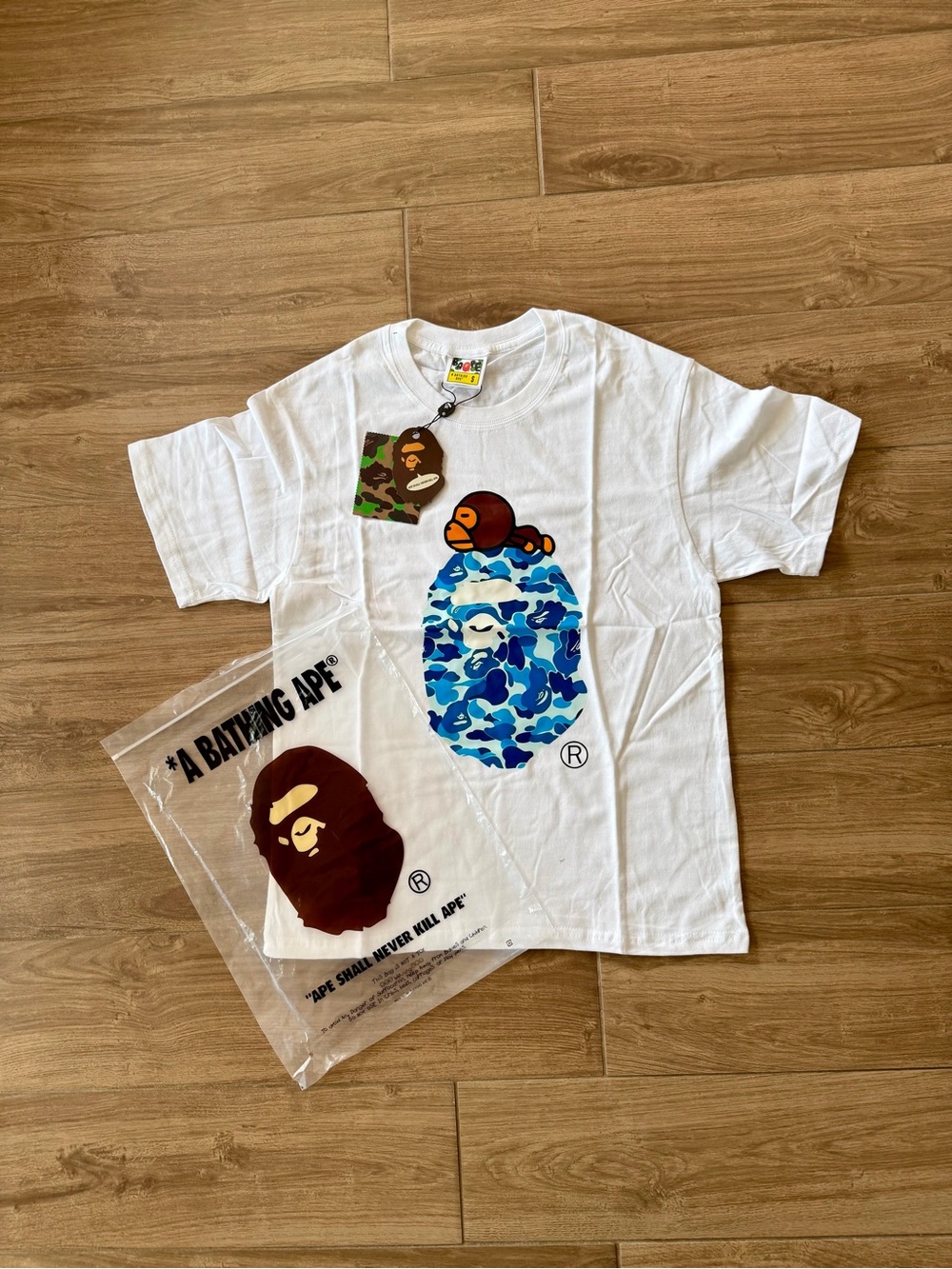 A Bathing Ape White T-Shirt with Blue Camo Ape Print